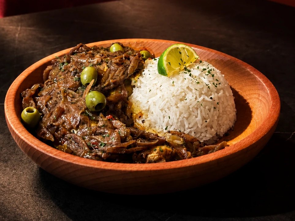 Poulet yassa aux oignons et olives, servi avec du riz blanc et citron vert